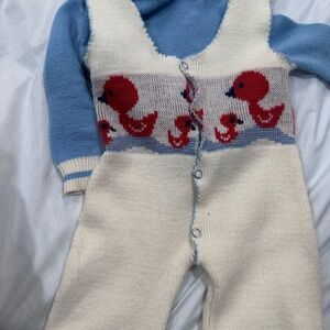 Duck Patterned Kids One Piece - Cream and Blue
